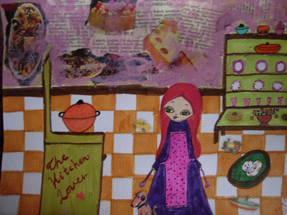 The Kitchen Lover - Mixed Media Painting And Collage On Watercolor Paper By A Pink Dreamer